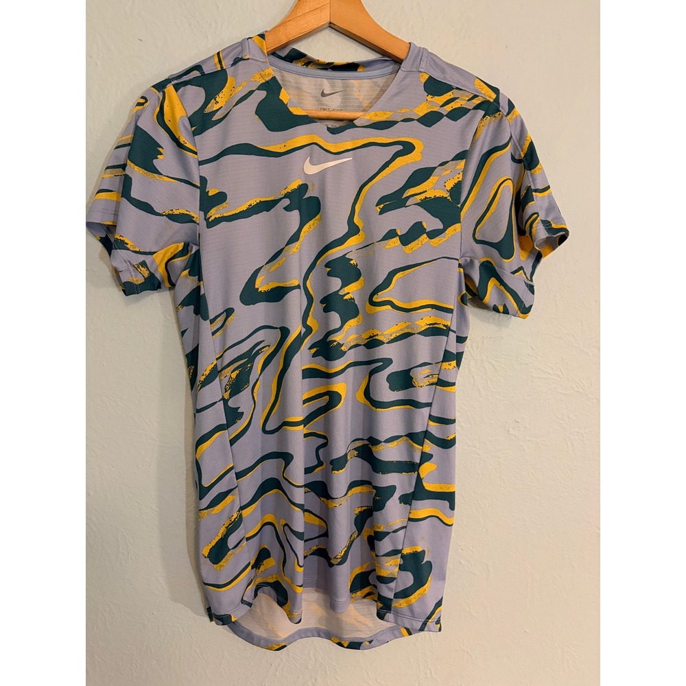 Nike Dri-FIT Shirt XS Blue Yellow Marbled Graphic Slim Fit Athletic Soccer